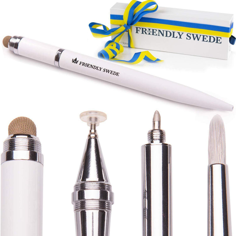 Capacitive 4-in-1 Stylus Pen with Replaceable Brush, Fiber Tip, Precision Disc + Ballpoint Pen in Box, by The Friendly Swede (White) White