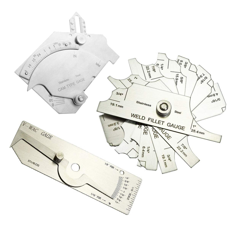 Carkio V-WAC Gage Biting Edge Stainless Steel Welding Gauge + 7 Piece Fillet Weld Gauge Gage Set + MG-8 Bridge Cam Gage Welding Gauge kit