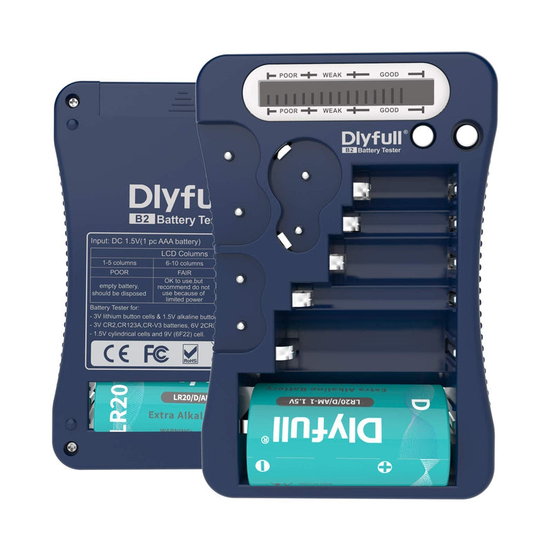 Battery Tester, Dlyfull LCD Display Universal Battery Checker for AA AAA C D 9V CR2032 CR123A CR2 CRV3 2CR5 CRP2 1.5V/3V Button Cell Batteries, 1x AAA Batteries Included