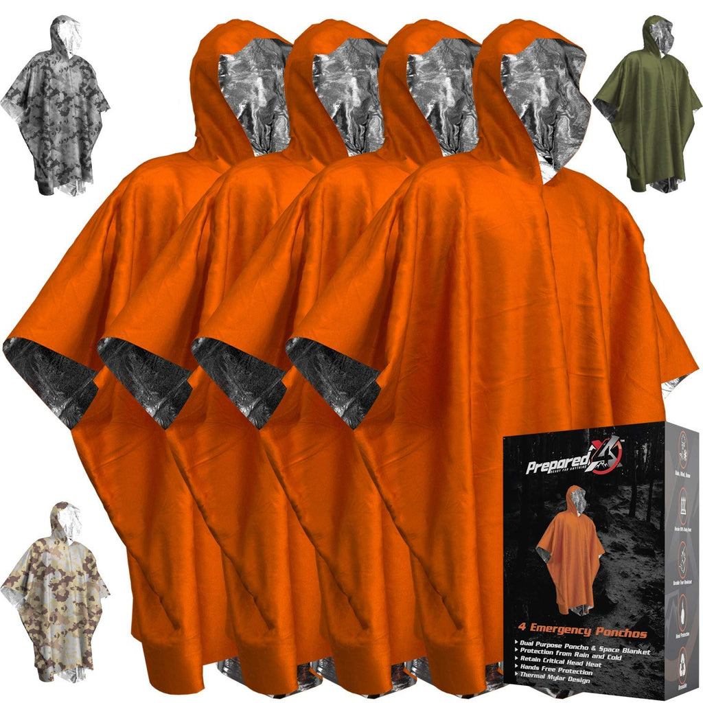 Emergency Blankets & Rain Poncho Hybrid Survival Gear and Equipment – Tough, Waterproof Camping Gear Outdoor Blanket – Retains 90% of Heat + Reflective Side for Increased Visibility – 4 Pack (Orange) Orange