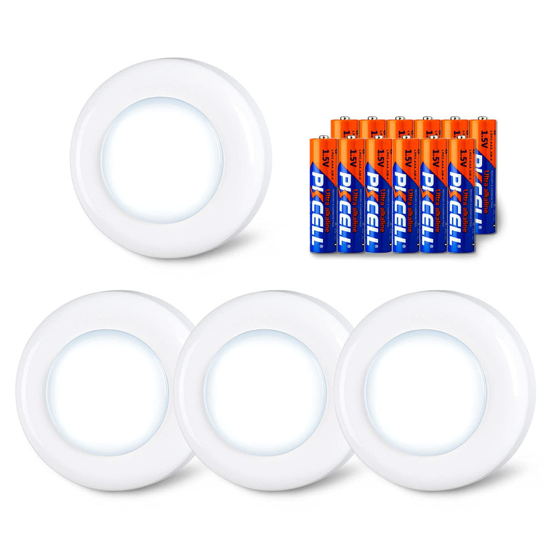Tap Light, Push Lights, Stick on Lights Battery Powered Operated, Night Touch Light, Mini LED Puck Lights for Closet, Under Cabinets, Kitchen (Includes 12 AAA Alkaline Batteries, Cool White, 4 Pack) 4 Pack, Push Control, Include battery