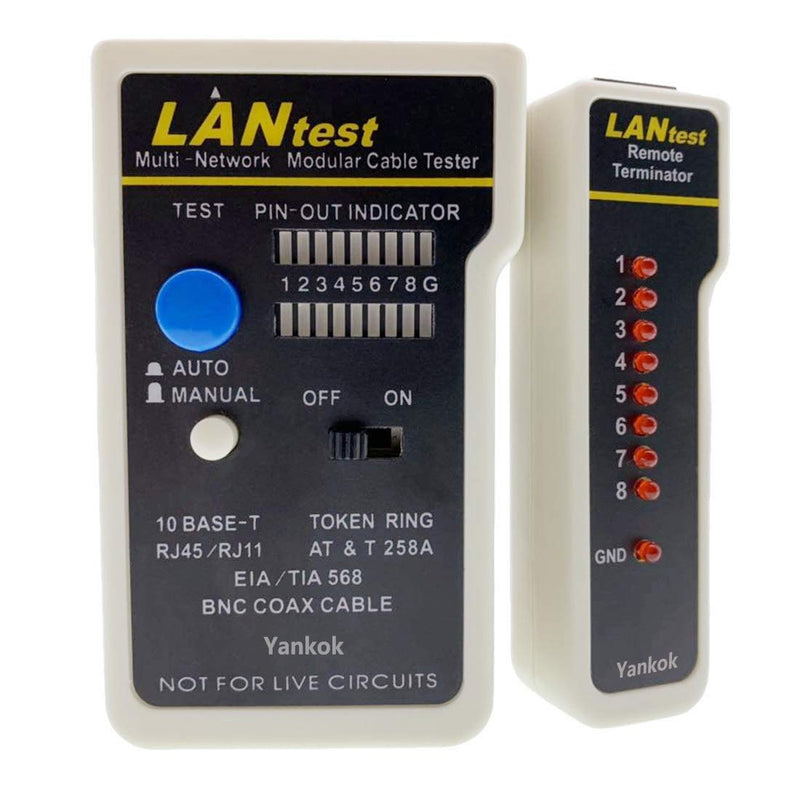 Yankok [Network Cable Tester] for 10Base-T, 10Base-2 Ethernet, RJ11/RJ12/RJ45 Modular Cables, 258A, TIA-568A/568B and Token Ring Cables (with 2x RJ-45-to-BNC Adapter, 1x BNC Connector, 1x Carry Pouch) RJ45 & COAX (Black)