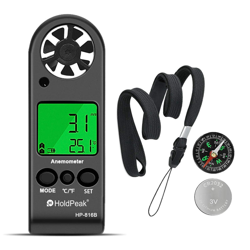HOLDPEAK HP-816B Anemometer Handheld Wind Speed Meter Gauge Air Flow Velocity Measurement with Wind Chill Indication and Backlight for Windsurfing Kite Flying Shooting (Gift : Compass) 2-HP-816B w/ Leather case