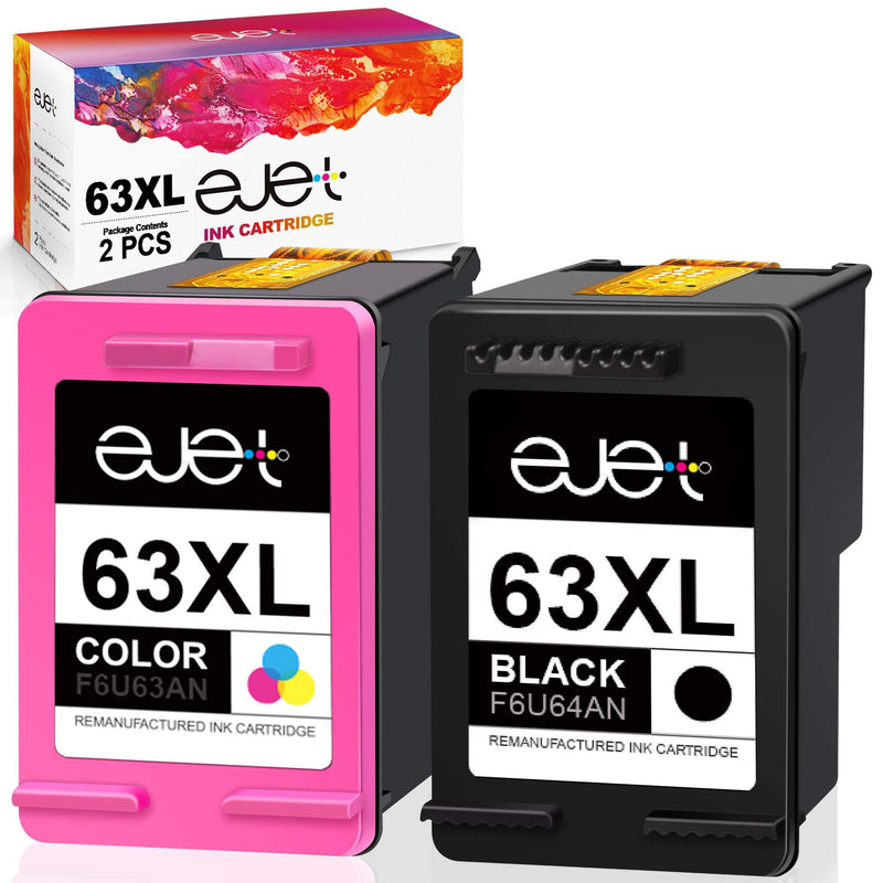 ejet Remanufactured Ink Cartridge Replacement for HP 63XL 63 XL to use with OfficeJet 3830 Envy 4520 4512 Officejet 4650 5255 Deskjet 1112 3634 3639 3632 Printer (1 Black, 1 Color)