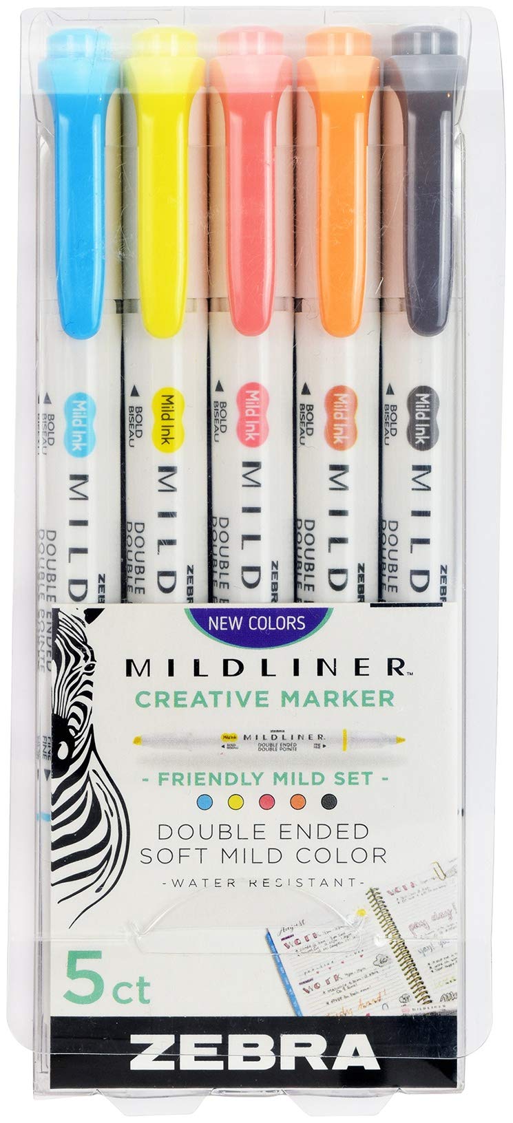 Zebra Pen Mildliner Double Ended Highlighter Set Broad and Fine Point Tips, 5 Pack, Friendly