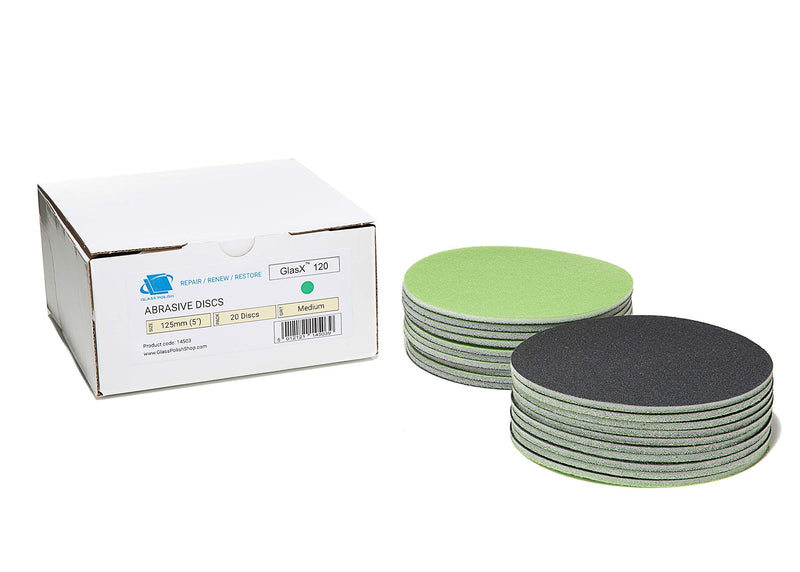 GLASS POLISH GP14503 GlasX-120 Medium Grade Abrasive Disc with Hook and Loop, Silicon Carbide Sanding Disc/Ø 5 inch/Pack of 20 Discs