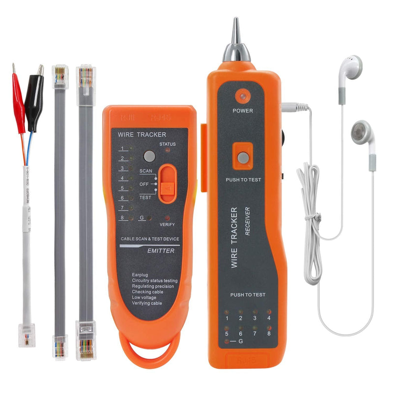 BOOGIIO Wire Tester RJ45 RJ11 Cable Tracker Line Finder Multifunction Wire Tracker Ethernet LAN Network Cat5 Cat6 with Earphone for Cable Collation, Network Maintenance Collation, Telephone Line Test Orange