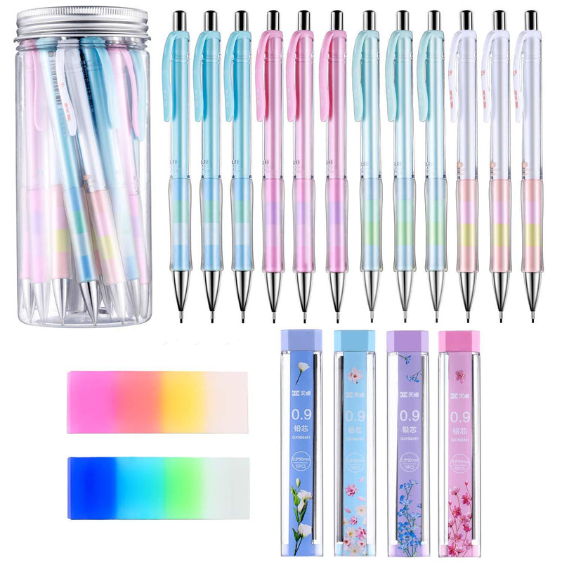 Mechanical Pencil Set Assorted 12 Pieces Mechanical Pencils, 4 Tubes of Pencil 0.9 mm Refills, 2 Pieces Erasers with Clear Plastic Bottle (Set 1)