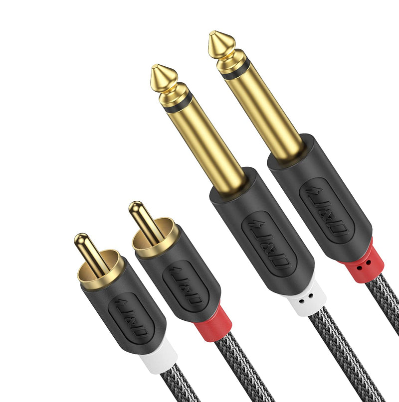 J&D Dual 1/4 inch TS to Dual RCA Stereo Audio Interconnect Cable, Gold Plated Audiowave Series 2X 6.35mm Male TS to 2 RCA Male Stereo Audio Adapter with PVC Shelled Housing and Nylon Braid, 3 Feet