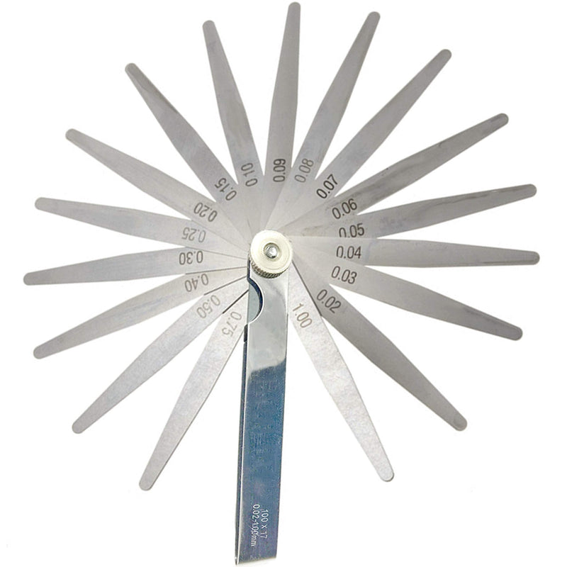 KEWAYO Stainless Steel Feeler Gauge Metric Measuring Tool (0.02-1.00mm, 17 Blades), for Measuring Gap Thickness