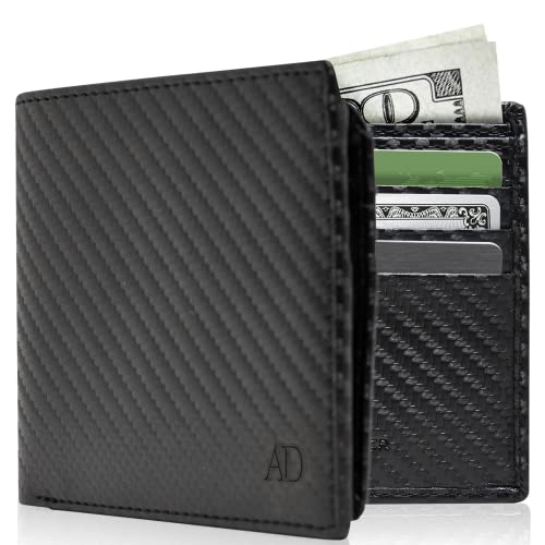 Vegan Leather Bifold Wallets For Men - Cruelty Free Non Leather Mens Wallet With ID Window RFID Gifts For Him Black Carbon Fiber