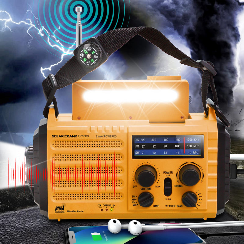 Emergency Radio 5-ways Powered Crank Solar Battery Operated Portable AM FM SW NOAA Weather Alert Radio with USB Charger,Camping Flashlight,Lamp,Headphone Jack,Compass,SOS Alarm,Best Survival Equipment Orange