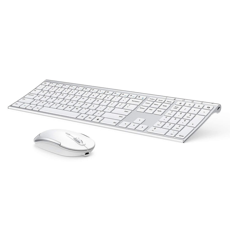 Wireless Keyboard and Mouse, Vssoplor 2.4GHz Rechargeable Compact Quiet Full-Size Keyboard and Mouse Combo with Nano USB Receiver for Windows, Laptop, PC, Notebook-White and Silver White and Silver