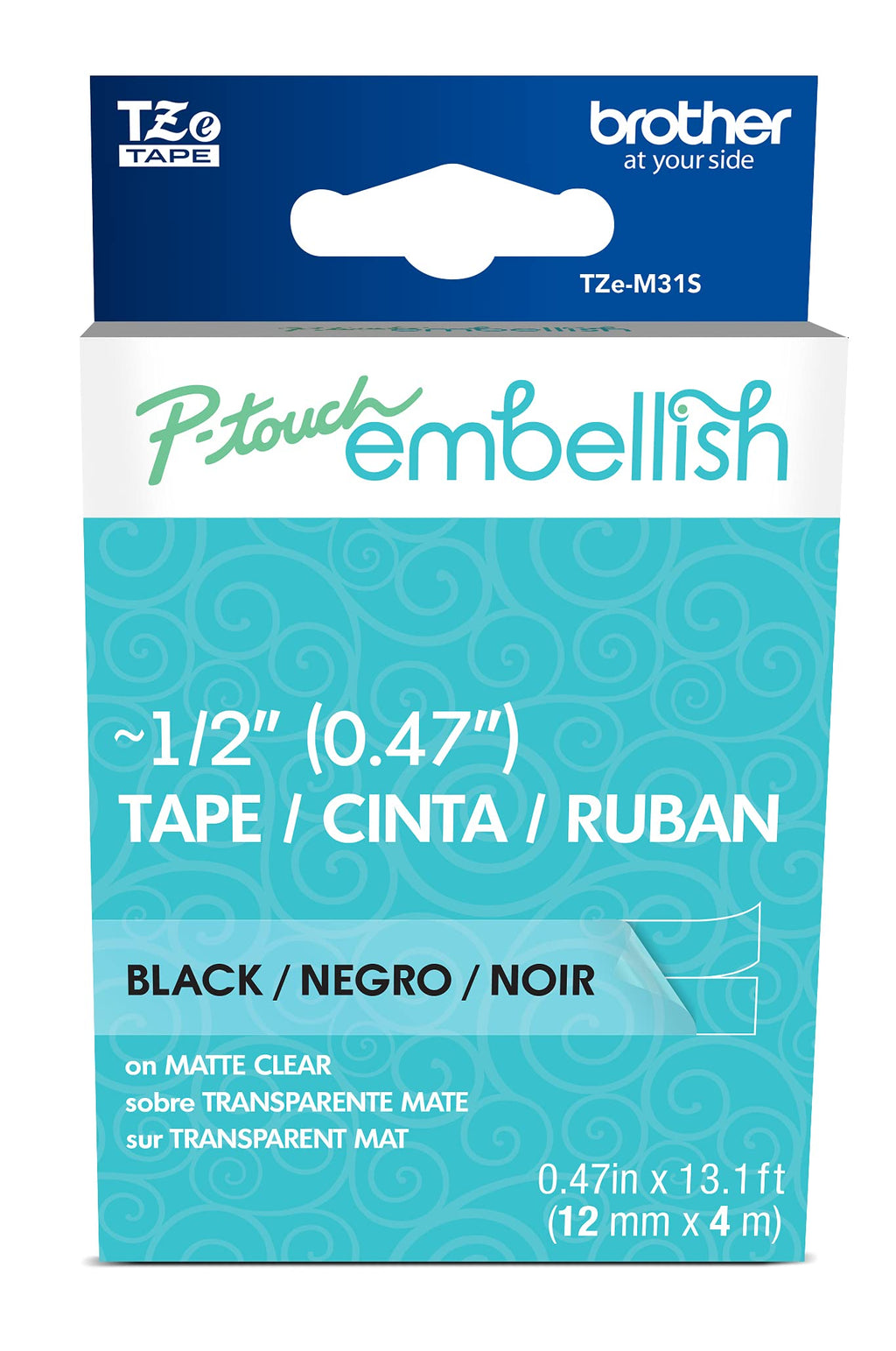 Brother P-Touch Embellish Print Tape TZEM31S, Black on Matte Clear Embellish Tape
