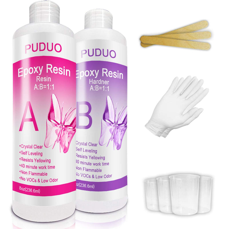 Epoxy-Resin-Crystal-Clear-Kit for Art, Jewelry, Craftsï¼ŒCoating- 16 OZ Including 8OZ Resin and 8OZ Hardener | Bonus 4 pcs Measuring Cups, 3pcs Sticks, 1 Pair Rubber Gloves by PUDUO