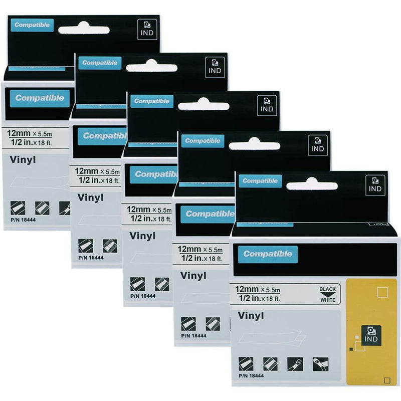 Aonomi Compatible Label Tapes Replacement for DYMO 18444 Rhino Permanent Vinyl Industrial Label Tapes for DYMO Rhino 4200 5200 5000 6000 Label Maker, Black on White, 1/2" x 18' (12mm x 5.5m),5-Pack 1/2”