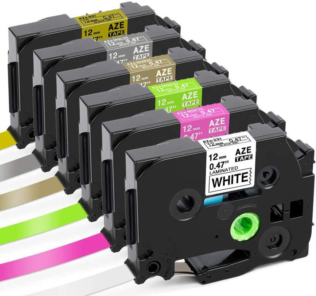 Colorty Compatible Label Tape Replacement for Brother P Touch TZe 12mm 0.47 Laminated Tape TZe-231 TZe-MQP35 TZe-MQG35 TZe-MQ835 TZe-MQL35 TZe-MQ831 White/Berry Pink/Lime Green/Satin Gold/Matt Grey