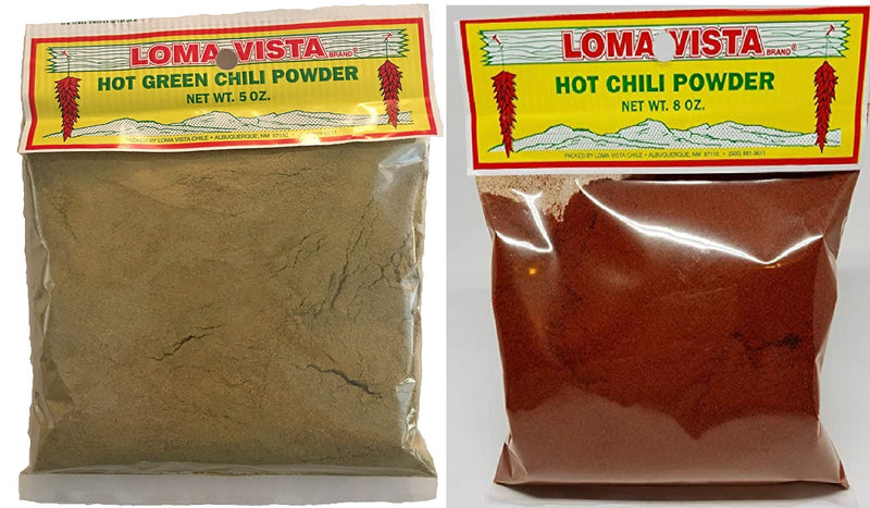 Loma Vista New Mexico "Christmas Style" Bundle - 1 each of HOT Hatch Green Chili Powder 5 Ounce and HOT Red Chili Powder 8 Ounce Bags