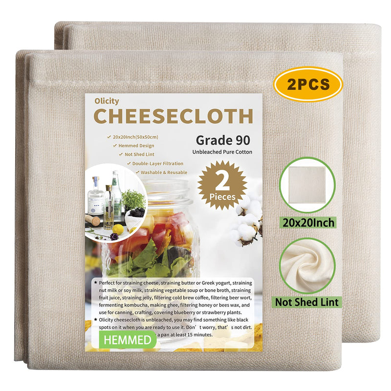 Olicity Cheesecloth, Grade 90, 20x20Inch, Double-Layer 100% Unbleached Pure Cotton Muslin Cloth for Straining, Reusable Hemmed Cheese Cloths Filter Strainer for Cooking, Nut Milk Strain - 2 Pieces 20x20inch 2Pieces