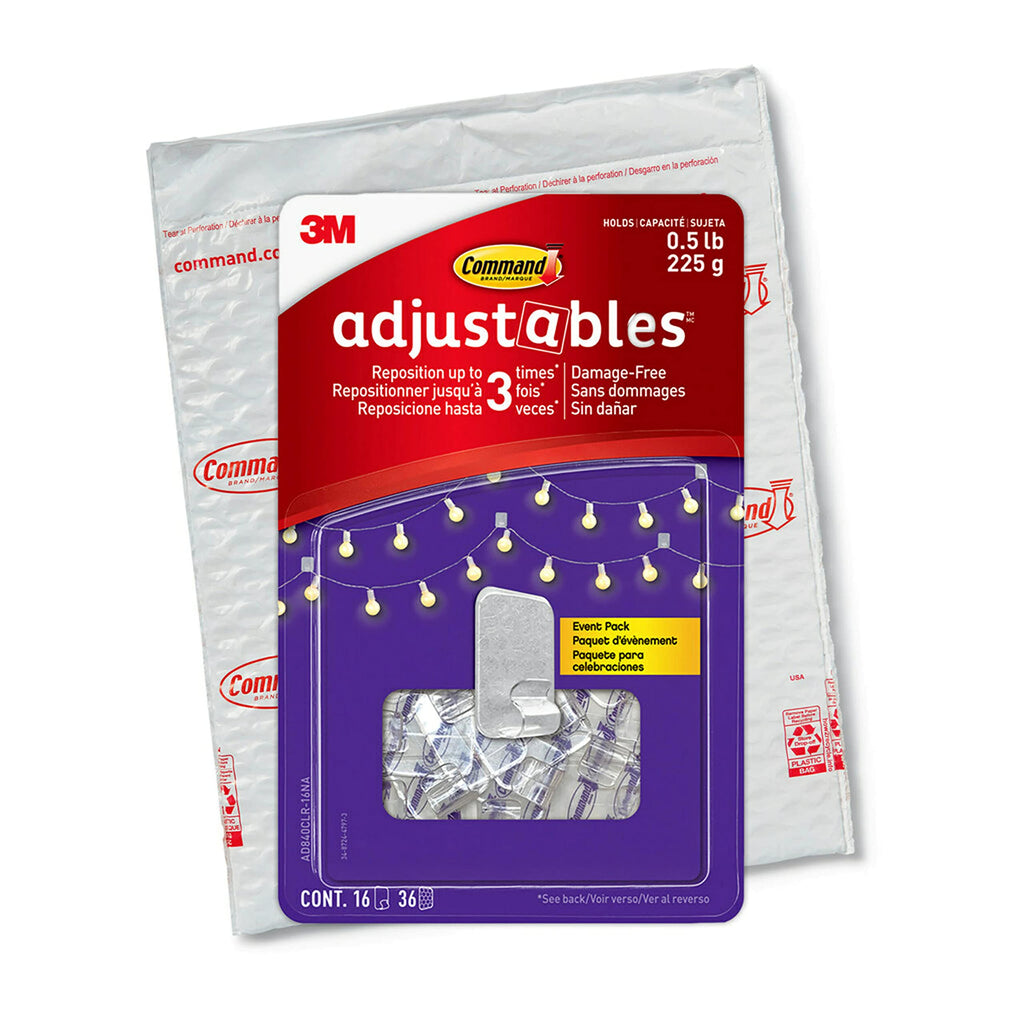 Command Adjustables Repositionable Clips, Clear, 1/2 lb. Capacity, 16-Clips, 36-Strips, Decorate Damage-Free 16 Clips