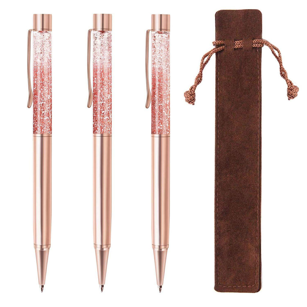 ZZTX 3 Pcs Rose Gold Ballpoint Pens Metal Pen Bling Dynamic Liquid Sand Pen with Refills Black Ink Office Supplies Gift Pens for Christmas Wedding Birthday, with 3 Pcs Velvet Gift Pouches