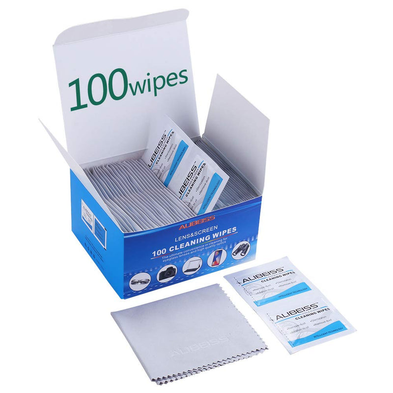Pre-Moistened Lens Wipes ALIBEISS Screen Wipes for Glasses, Camera,Tablets, Smartphone, Screens and Other Delicate Surfaces,Pack of 100 100 Count (Pack of 1)