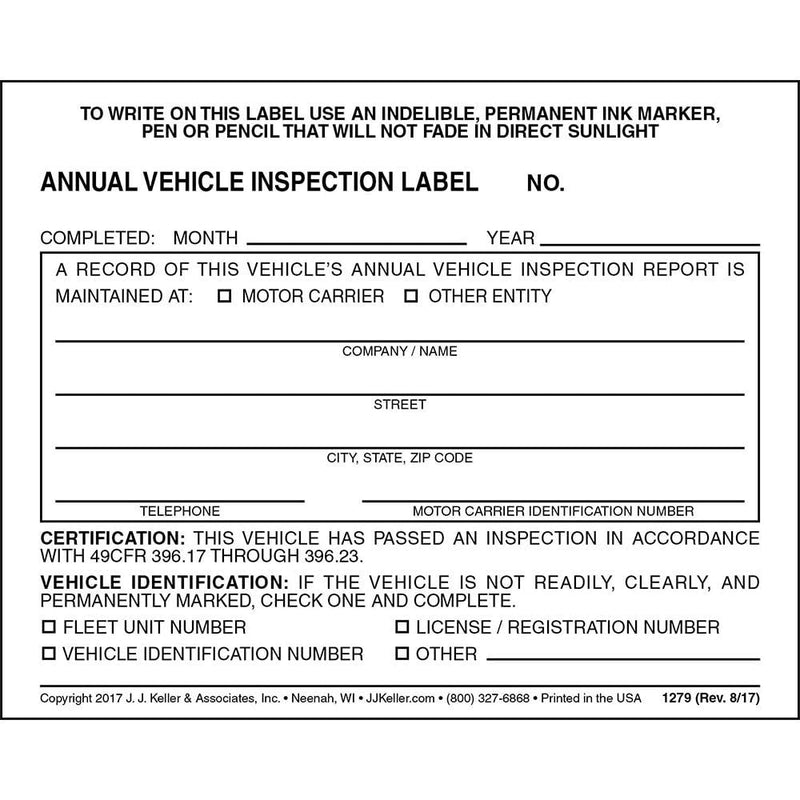 Annual Vehicle Inspection Label 20-pk. - 2-Ply, Vinyl with Mylar Laminate, 5" x 4" - Consecutively Numbered - Meet DOT AVIR Requirements - J. J. Keller & Associates 20-pack