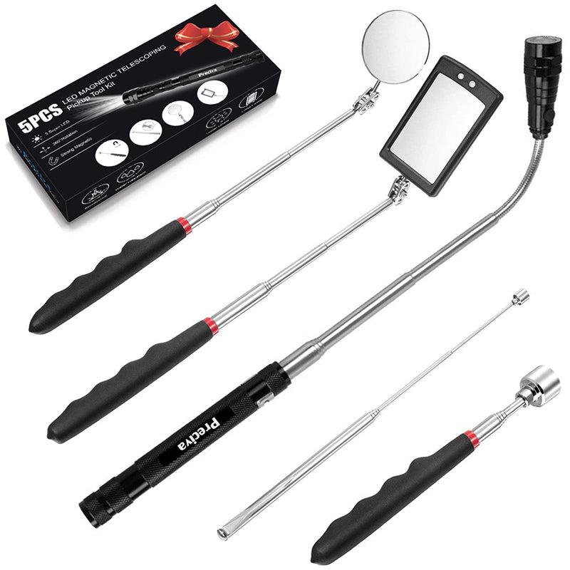 Preciva 5PCS Magnetic Telescoping Pick-up Tool Kit with 15lb and 1lb Pick Up Rod, Round and Square 360 Swivel Adjustable Inspection Mirror and Telescoping Flexible LED Flashlight (Batteries Included)