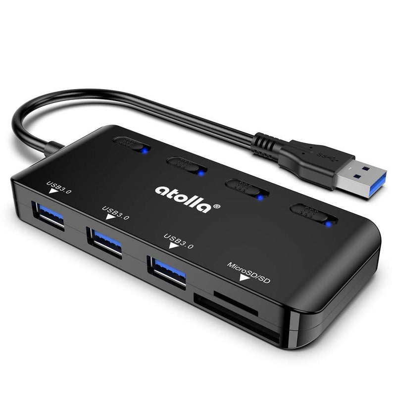 USB 3.0 HUB, atolla USB Hub with SD/Micro SD Card Reader, USB Splitter with 3 USB Ports, 2 Card Slots and Individual LED Power Switches Black