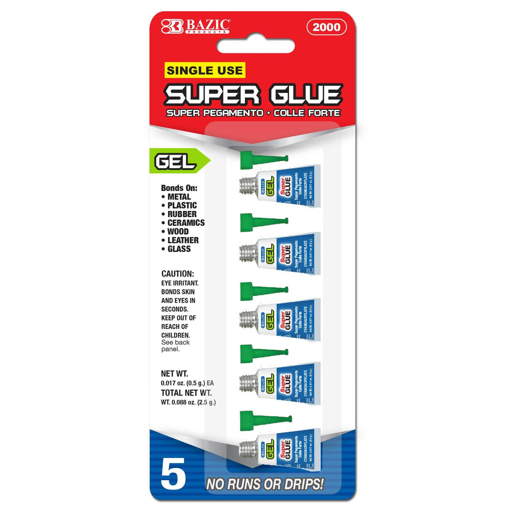 BAZIC Super Glue Gel 0.5g, Clear No Run Gel, Fast Dry Mini Small Tube Adhesive Bonding for Office & Home Improvement (5/Pack), 1-Pack 5-count (0.5g / count)