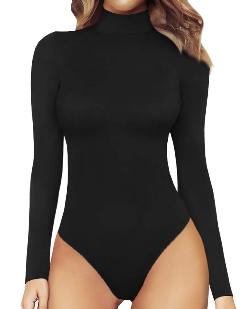 MANGOPOP Women's Mock Turtle Neck Long Sleeve Tops Bodysuit Jumpsuit A Long Sleeve Black X-Small