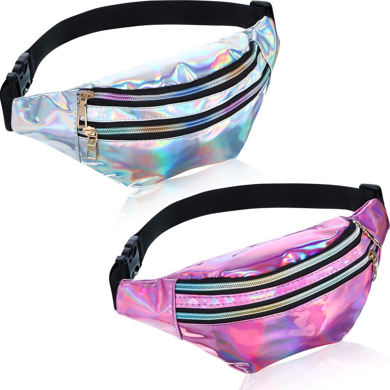 2 Pieces Holographic Fanny Pack Metallic Color Sport Waistbag for Women Men Kids Shiny Silver and Pink