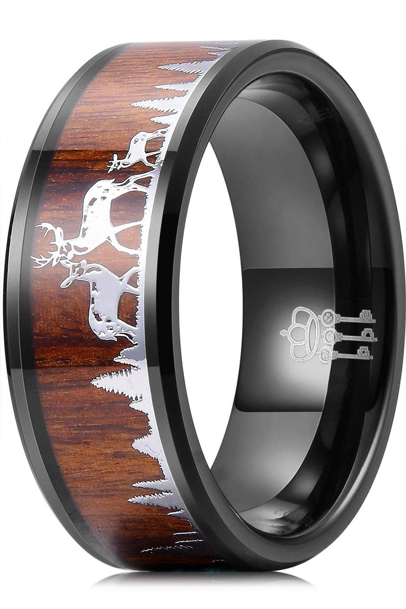 THREE KEYS JEWELRY 8mm Deer Family Tungsten Rings for Men Women KOA Wood Inlay Wedding Bands Black 11.5
