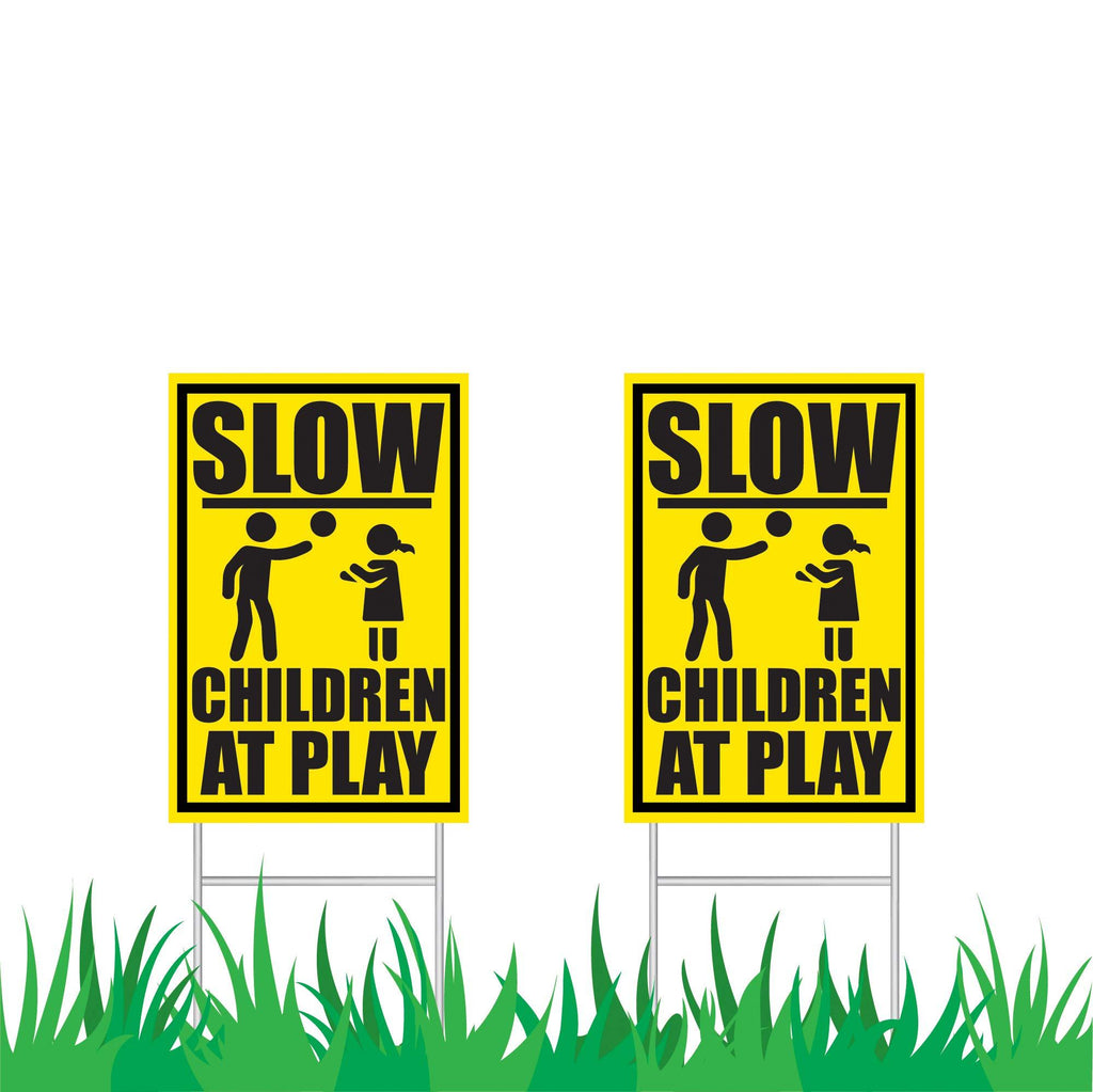 JekStar Slow Down Children at Play Caution Signs Set W/Stakes│Kids Playing Warning Traffic Sign for Neighborhood Streets│Unattended Children Safety Alert Sign Kit - 2 PK