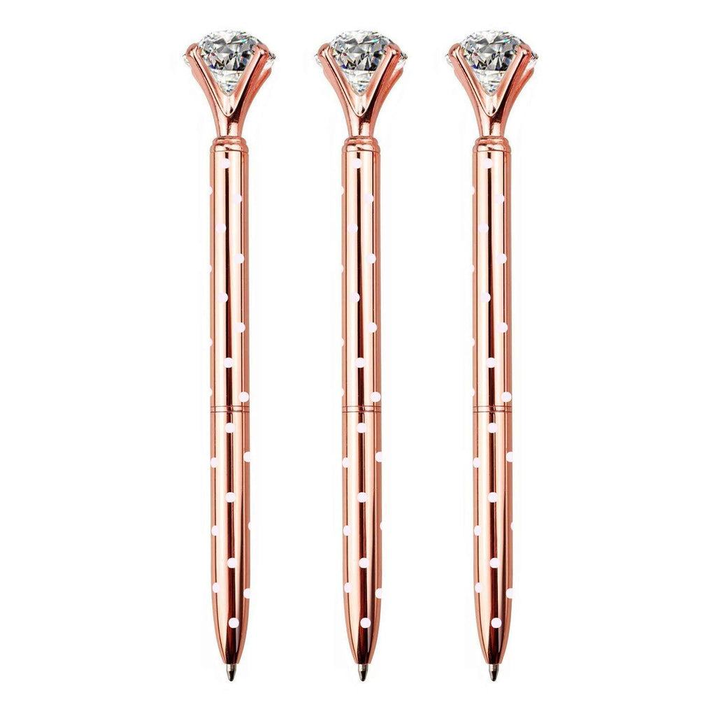 LONGKEY 3PCS Diamond Pens Big Crystal Diamond Ballpoint Pen Bling Metal Ballpoint Pen Offices and Schools (3 Rose Gold W/Dot) 3 Rose Gold W/ Dot