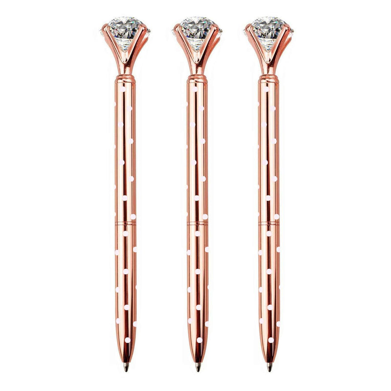 LONGKEY 3PCS Diamond Pens Big Crystal Diamond Ballpoint Pen Bling Metal Ballpoint Pen Offices and Schools (3 Rose Gold W/Dot) 3 Rose Gold W/ Dot