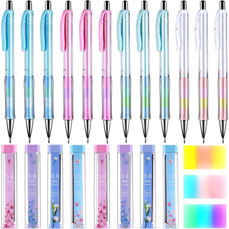 23 Pieces 0.9 mm Mechanical Pencil Set, Includes 12 Pieces Mechanical Pencils, 8 Tubes of Pencil Refills, 3 Pieces Erasers for School and Office Drawing Crafting