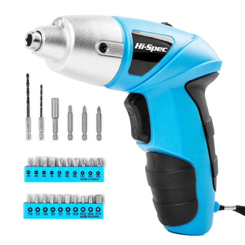 Hi-Spec 27 Piece Blue 4.8V Electric Cordless Power Screwdriver & Bit Set. Lightweight & Easy to Use Rechargeable Battery Screwdriving for the Home & Office