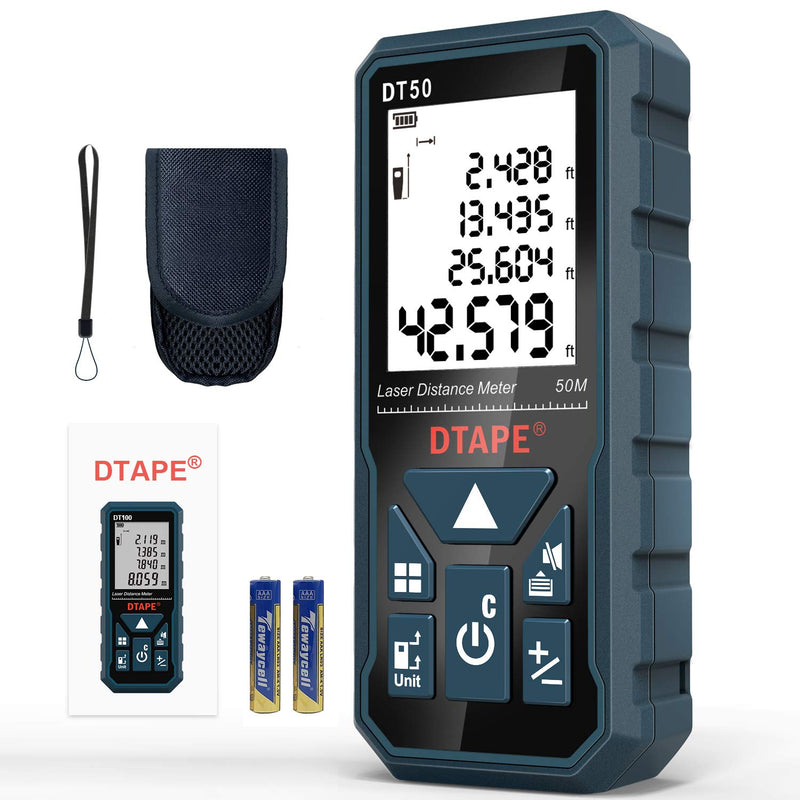 Laser Measure 165ft, DTAPE DT50Laser Distance Meter 50M, Portable Handle Digital Measure Tool Range Finder, Larger Backlit LCD 4 Line Display IP54 Shockproof
