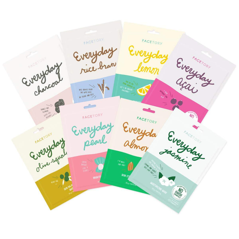 Everyday Set of 8 Sheet Masks - Revitalizing, Purifying, Brightening, Hydrating, Anti-aging With No Harsh Chemicals 0.81 Fl Oz (Pack of 8)