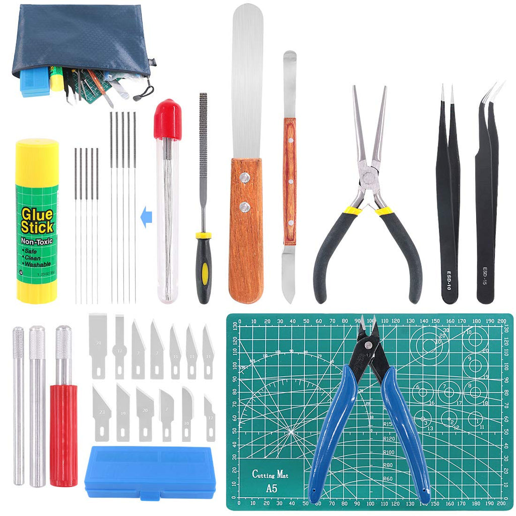 Glarks 36Pcs 3D Printer Removal Cleaning Tool Kit, Including Needle Nose Plier, Tweezers, Filing Tool, Dual-end Carving Tool, Cleaning Needles, Glue Stick, Cutting Mat, Knife Clean Up Kit