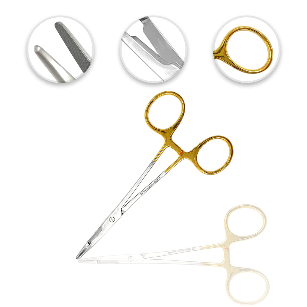 Cynamed TC Olsen Hegar Needle/Suture Holder Driver with Tungsten Carbide Inserts and Gold Rings - Premium Grade Instrument - Hemostat with Scissors (6.5 in.) 6.5 in.