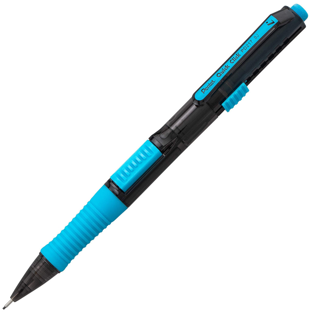 Pentel QUICK CLICK Pop Mechanical Pencil, (0.7mm) Medium 2B Lead, Black Barrel w/Sky Blue Trim Box of 12 (PD217AS)