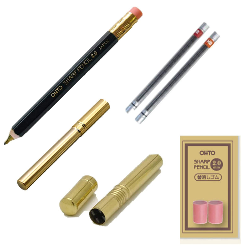 ＯＨＴＯ　Wood axis mechanical pencil with eraser　black (2mm) 　Replacement HB, B (2mm) 　Exclusive replacement eraser 　Brass sharpener (2mm only) 　Brass core case (2mm only)