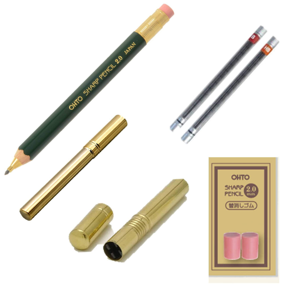 ＯＨＴＯ　Wood axis mechanical pencil with eraser 　green(2mm)　 Replacement HB, B (2mm)　 Exclusive replacement eraser 　Brass sharpener (2mm only) 　Brass core case (2mm only)