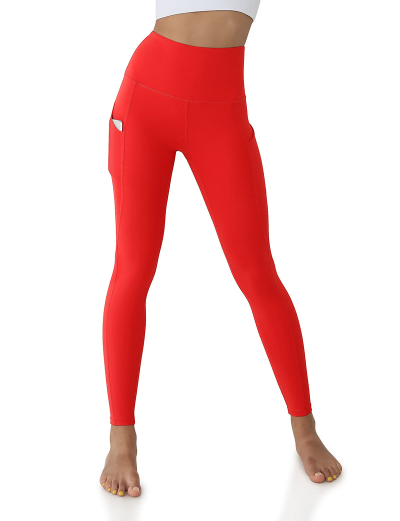 ODODOS Women's High Waisted Yoga Leggings with Pockets,Tummy Control Non See Through Workout Athletic Running Yoga Pants X-Small Red