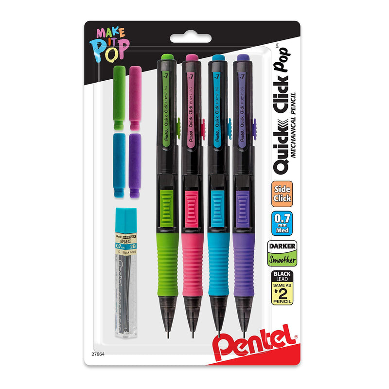 Pentel Quick Click Pop Mechanical Pencil, (0.7mm) Medium 2B Lead, with 2B Lead and (2) Eraser Refills, 4-PK (PD217ALEBP4) 4 Pack Assorted with Erasers