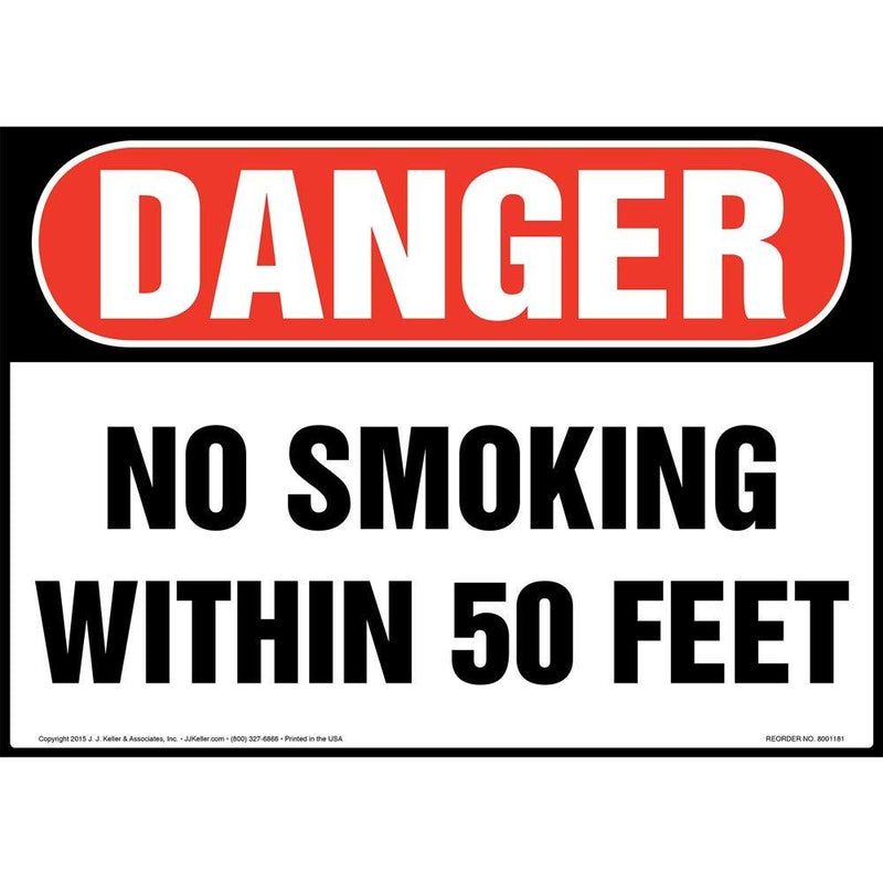 Danger: No Smoking Within 50 Feet Sign 2-pk. - J. J. Keller & Associates - 14" x 10" Permanent Self Adhesive Vinyl with Rounded Corners - Complies with OSHA 29 CFR 1910.145 and 1926.200