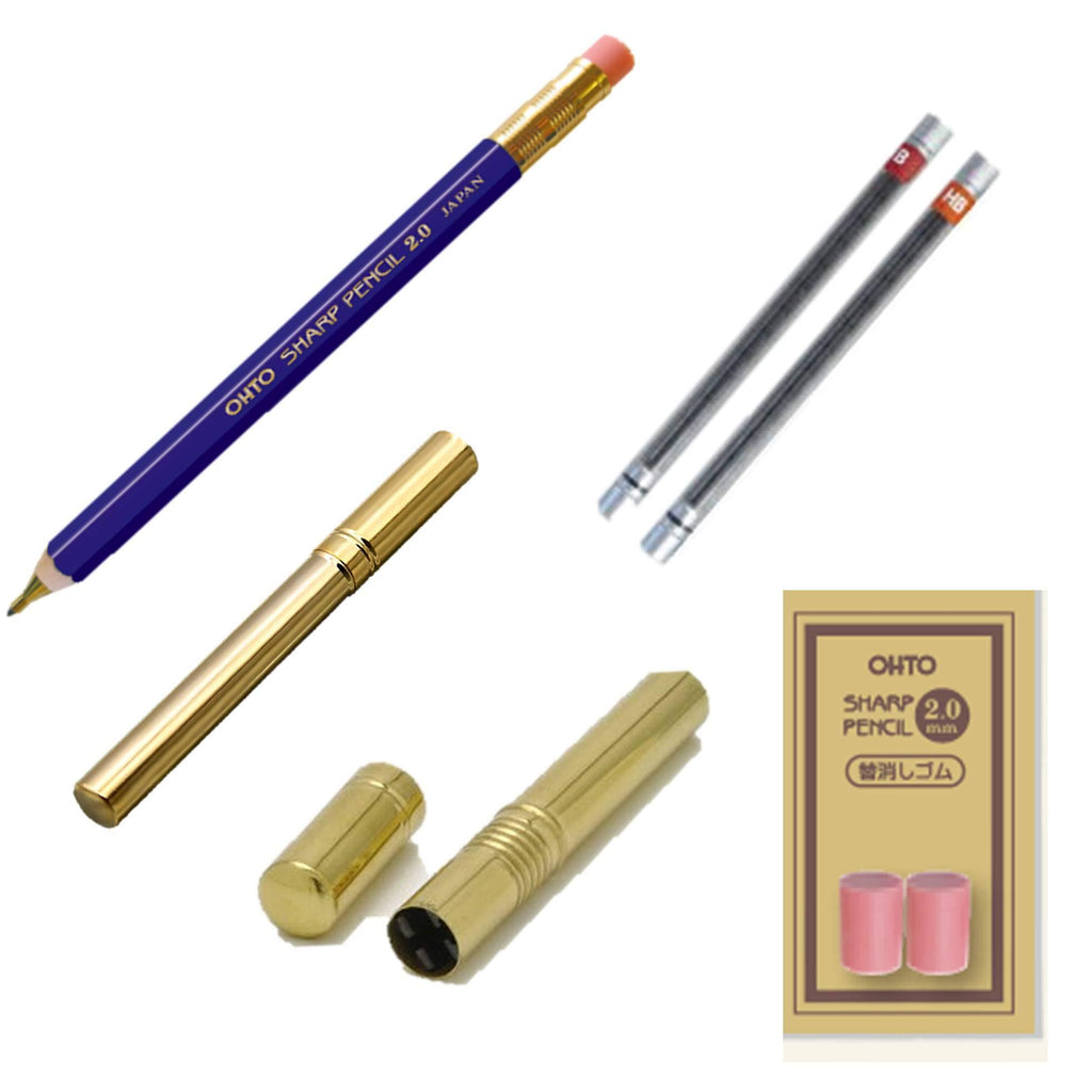 ＯＨＴＯ　Wood axis mechanical pencil with eraser　Blue (2mm) 　Replacement HB, B (2mm) 　Exclusive replacement eraser 　Brass sharpener (2mm only) 　Brass core case (2mm only)