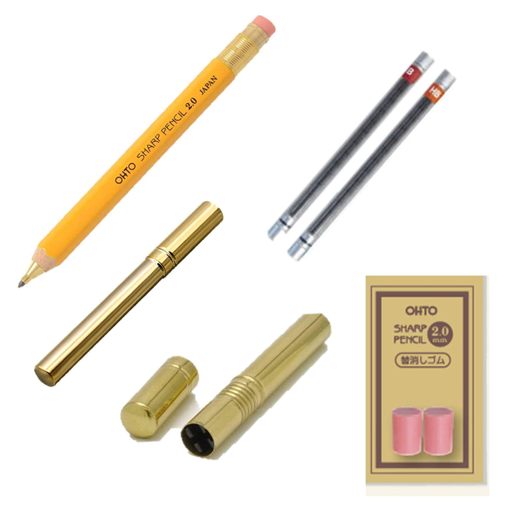 ＯＨＴＯ　Wood axis mechanical pencil with eraser　yellow (2mm) 　Replacement HB, B (2mm) 　Exclusive replacement eraser 　Brass sharpener (2mm only) 　Brass core case (2mm only)